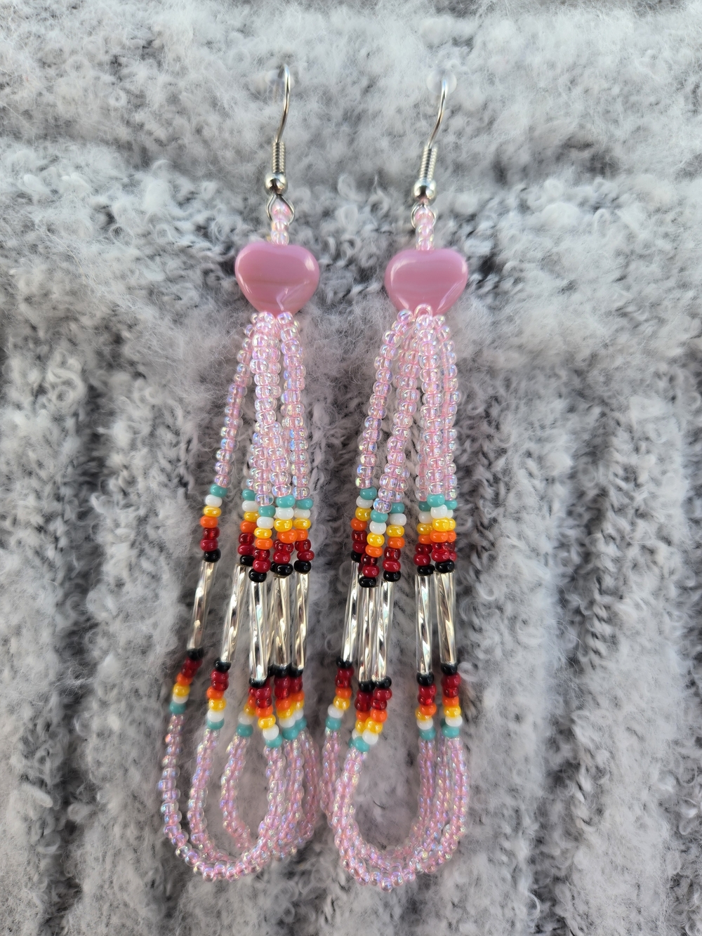 Pink Beaded Heart Tassel Earrings